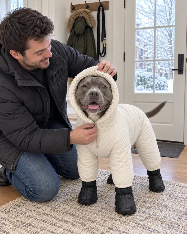 Big dog getting zipped into the cream winter suit