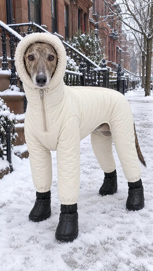 Greyhound wearing the cream winter suit