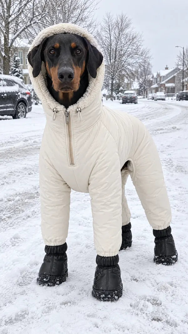 Doberman wearing the cream winter suit