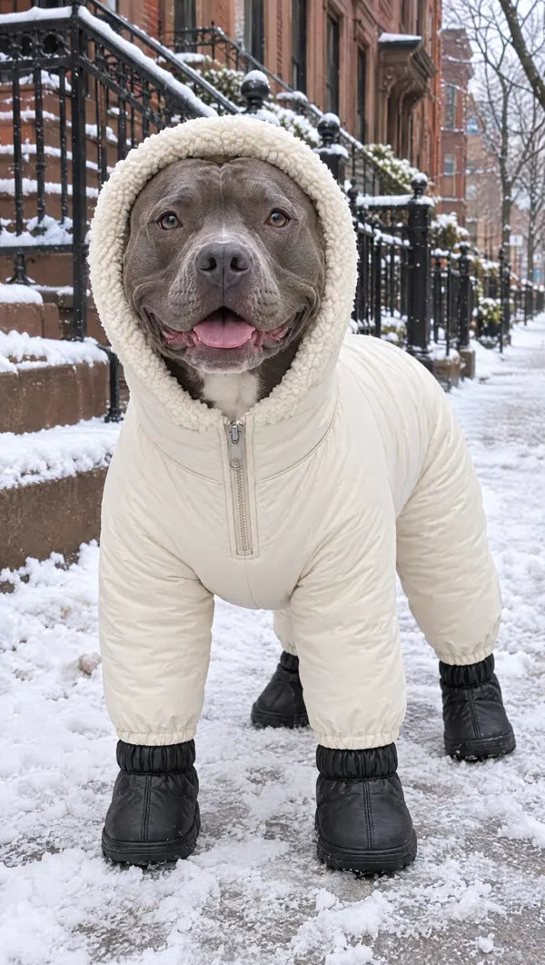 Pit Bull wearing the cream winter suit in the snow