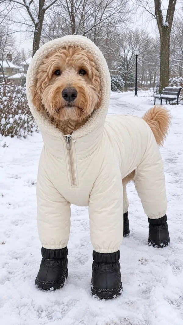 Goldendoodle wearing the cream winter suit