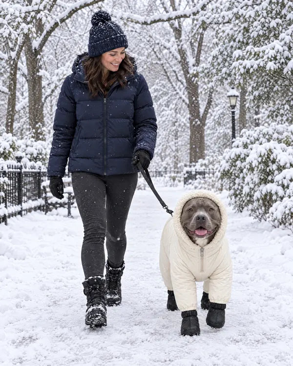 Big dog walking in the snow in the winter suit