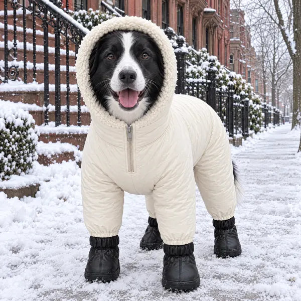 Medium-large dog wearing the cream winter suit, size L