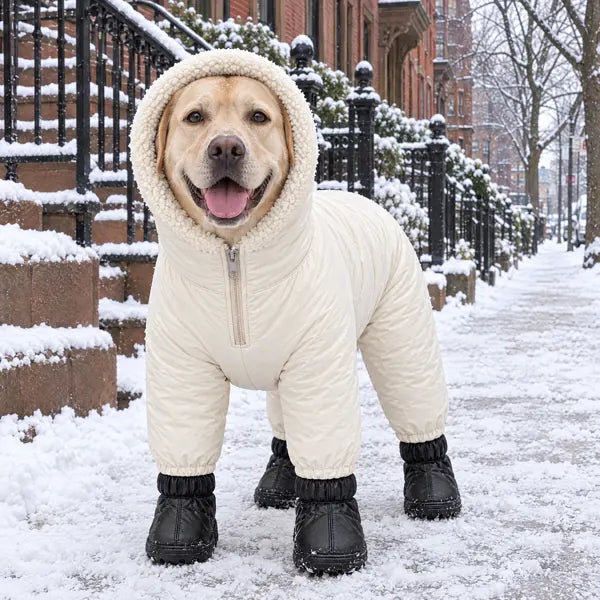 Large dog wearing the cream winter suit, size XL