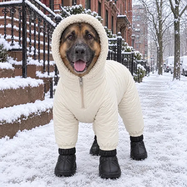 Extra-large dog wearing the cream winter suit, size XXL